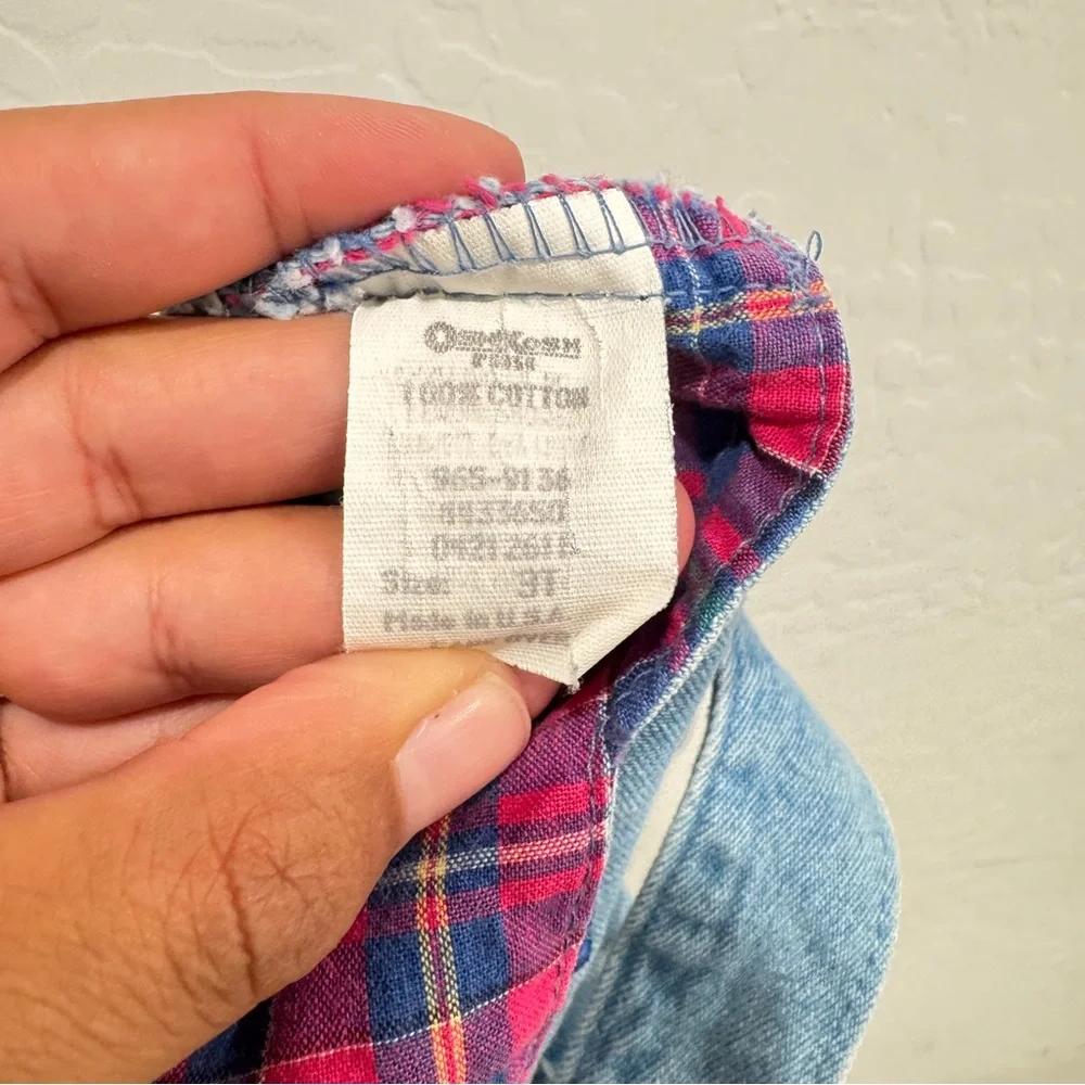 Vintage OshKosh B'gosh Blue Denim Overall Dress Gorls 3T Plaid Hearts Cotton